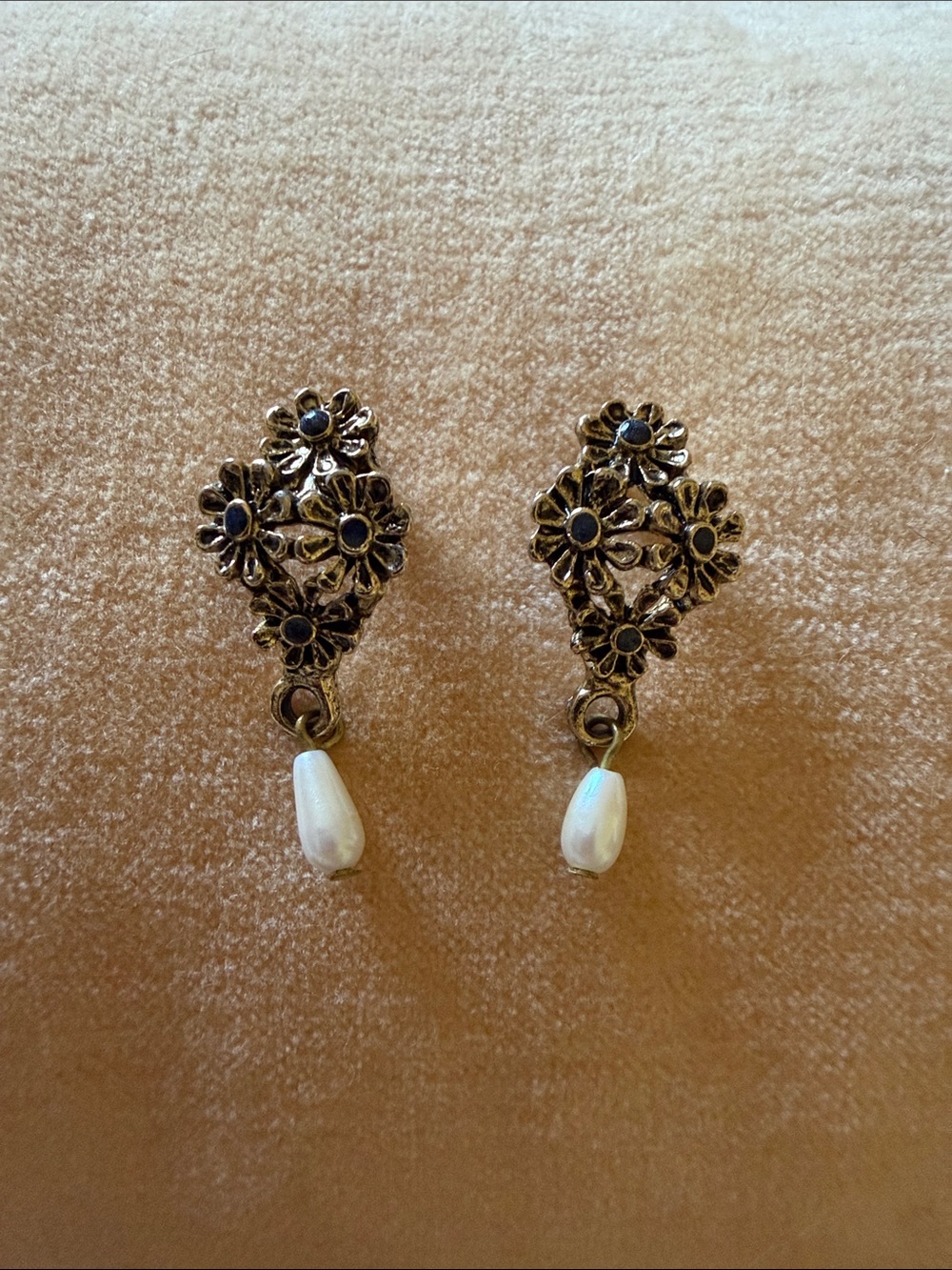 Vintage Gold Floral Earrings with White Pearl Drops